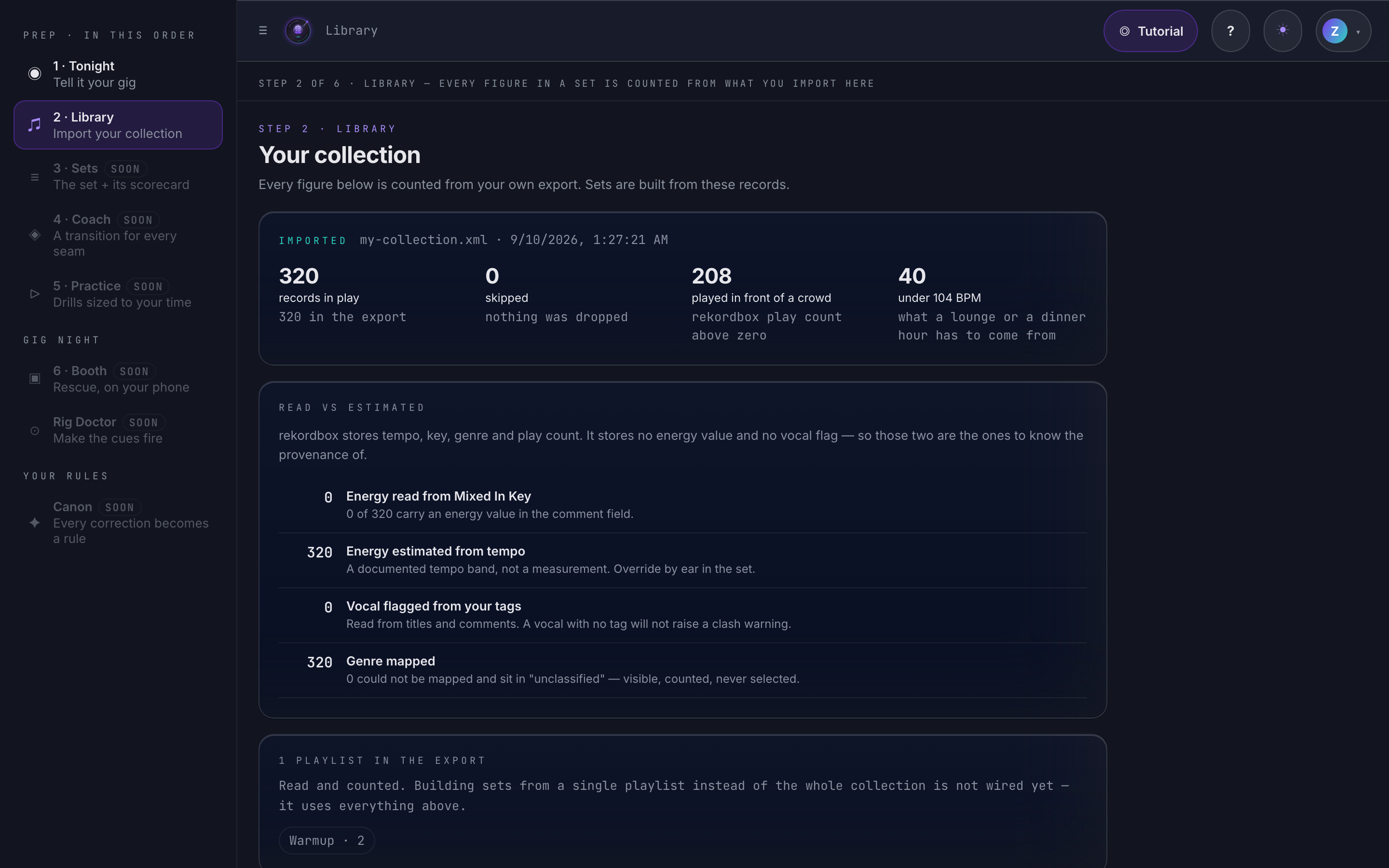 DJ Brain's Library screen after importing a rekordbox collection: 320 records in play, 208 played in front of a crowd, 40 under 104 BPM, and a read-vs-estimated breakdown.