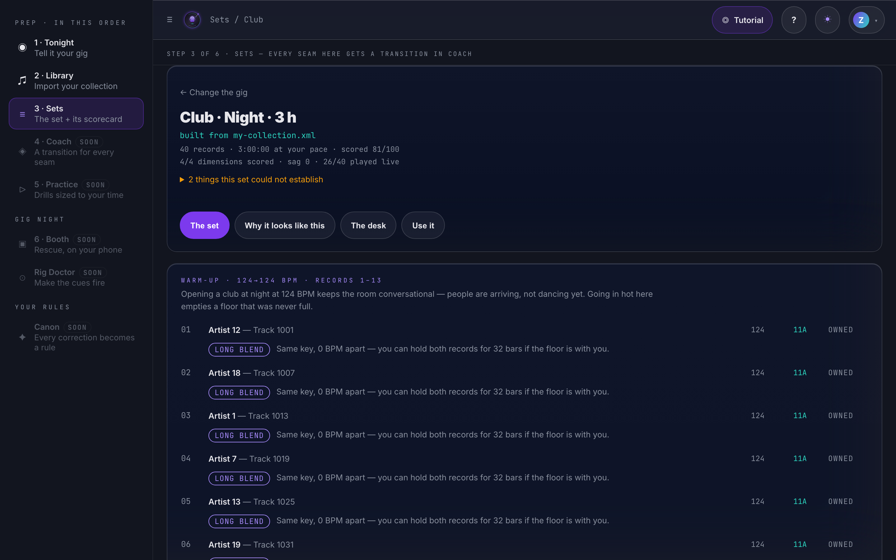 DJ Brain's Sets screen: a three-hour club set scored 81 out of 100, built from a real rekordbox export, showing each record's BPM, key and a plain-language reason for every transition.